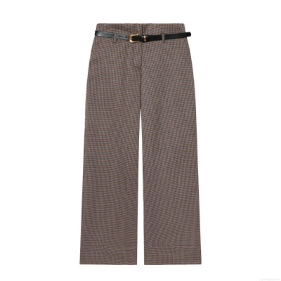 Women Fashion Houndstooth Straight Leg Trousers With Belt High Waist Casual Loose Polyester Spandex Blend Long Pants Winter Elegant Lady Bottoms