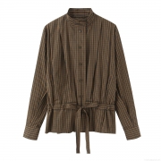 Women's Retro Plaid Stand Collar Long Sleeve Blouse With Bow Tie Decoration Fashion Casual Button Down Shirt For Women Daily Wear