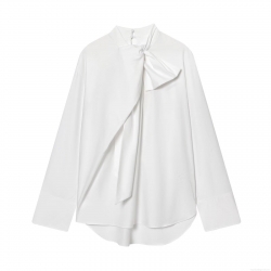 Women's Elegant Poplin Long Sleeve Shirt With Oversized Bow Tie Neck White Loose Casual Fashion Blouse Top For Office Lady Party Wear