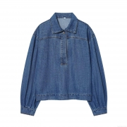 Women's Loose Denim Blouse Casual Long Sleeve Pullover Shirt With Half Placket Polo Collar Solid Blue Denim Top For Daily Wear