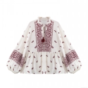 Ethnic Bohemian Print Blouse Tassel Tie Lantern Sleeve Loose Polyester Spandex Cotton Blend Top Floral Paisley Shirt for Women Casual Vacation Spring
