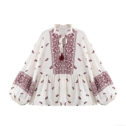 Ethnic Bohemian Print Blouse Tassel Tie Lantern Sleeve Loose Polyester Spandex Cotton Blend Top Floral Paisley Shirt for Women Casual Vacation Spring