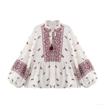 Ethnic Bohemian Print Blouse Tassel Tie Lantern Sleeve Loose Polyester Spandex Cotton Blend Top Floral Paisley Shirt for Women Casual Vacation Spring