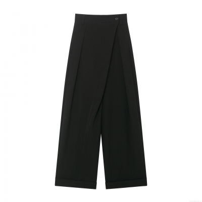 Women's High Waist Wide Leg Trousers Asymmetric Button Waist Casual Straight Pants Solid Black Polyester Commute Elegant Office Lady Long Trousers