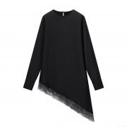 Women's Elegant Satin Woven Polyester Long Sleeve Blouse With Asymmetric Lace Hem Round Neck Casual Fashion Shirt For Party Office Ladies