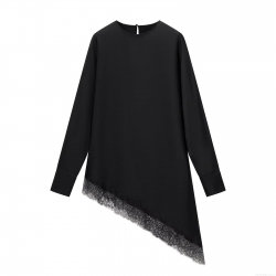 Women's Elegant Satin Woven Polyester Long Sleeve Blouse With Asymmetric Lace Hem Round Neck Casual Fashion Shirt For Party Office Ladies