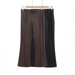 Women's Fashion High Waist Faux Leather Flared Pants Slim Fit Fleece Lined PU Leather Trousers For Winter Daily Casual
