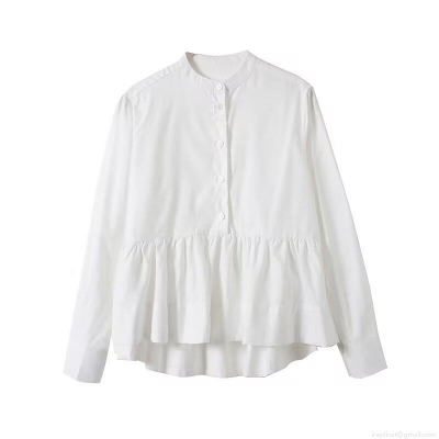 Women's White Long Sleeve Blouse Elegant Stand Collar Ruffle Hem Patchwork Top Sweet Loose Fit Polyester Spandex Shirt For Daily Office Wear