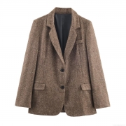 Women's Herringbone Tweed Blazer Jacket Notched Lapel Single Breasted Long Sleeve Casual Office Suit Coat Elegant Ladies Outerwear For Autumn Winter
