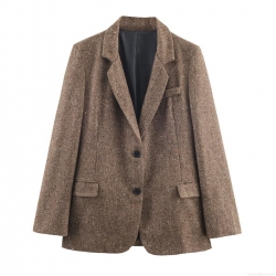Women's Herringbone Tweed Blazer Jacket Notched Lapel Single Breasted Long Sleeve Casual Office Suit Coat Elegant Ladies Outerwear For Autumn Winter