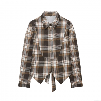 Women's Vintage Plaid Long Sleeve Shirt 100% Polyester Brown Gingham Blouse With Bow Tie Back And Swallowtail Hem Casual Tops For Ladies
