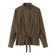 Women's Retro Plaid Checkered Long Sleeve Shirt With Bow Tie Waist Stand Collar Polyester Casual Blouse Top