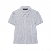 Women's Fashion Plaid Puff Sleeve Short Sleeve Shirt Elegant Lapel Button Up Smocking Poplin Blouse For Casual Commute