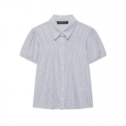 Women's Fashion Plaid Puff Sleeve Short Sleeve Shirt Elegant Lapel Button Up Smocking Poplin Blouse For Casual Commute