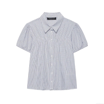 Women's Fashion Plaid Puff Sleeve Short Sleeve Shirt Elegant Lapel Button Up Smocking Poplin Blouse For Casual Commute