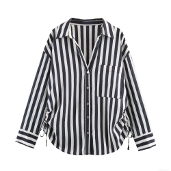 Women's Vertical Striped Shirt Long Sleeve Polyester Button Down Blouse Side Drawstring Ruched Bottom Casual Elegant Office Top for Women