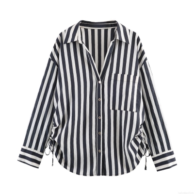 Women's Vertical Striped Shirt Long Sleeve Polyester Button Down Blouse Side Drawstring Ruched Bottom Casual Elegant Office Top for Women