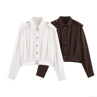 Women's Elegant Solid Color Long Sleeve Blouse With Shoulder Straps Polyester Button Down Shirt Regular Fit Non-Iron Office Daily Casual Ladies Top