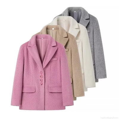 Women Fashion Faux Fur Blazer Jacket Elegant Solid Color Long Sleeve Plush Outwear With Single Breasted Buttons And Pockets For Autumn Winter Daily Party