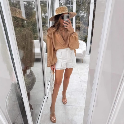 Women's Elegant V Neck Lantern Long Sleeve Blouse Solid Color Single Breasted Polyester Chiffon Shirt For Vacation Daily Wear