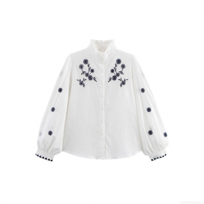 Women's Elegant Floral Embroidery Blouse Ruffle Stand Collar Long Sleeve Button Down White Polyester Shirt For Office Daily Date Ladies Casual Top