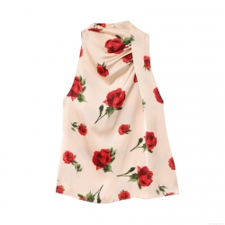 Women's Halter Neck Satin Sleeveless Blouse Elegant Red Rose Floral Print Backless Slim Fit Socialite Style Party Shirt Top for Women Lady