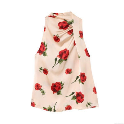 Women's Halter Neck Satin Sleeveless Blouse Elegant Red Rose Floral Print Backless Slim Fit Socialite Style Party Shirt Top for Women Lady