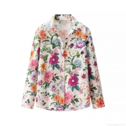 Women's Long Sleeve Floral Print Shirt Elegant Turn-down Collar Single-breasted Polyester Blend Blouse for Casual Office Date Ladies Tops