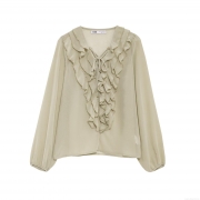 Women's Elegant Ruffle V-Neck Tie-Up Chiffon Blouse Street Style Semi-Sheer Long Sleeve Lantern Sleeve Shirt For Party Daily Wear