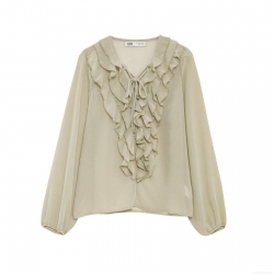 Women's Elegant Ruffle V-Neck Tie-Up Chiffon Blouse Street Style Semi-Sheer Long Sleeve Lantern Sleeve Shirt For Party Daily Wear