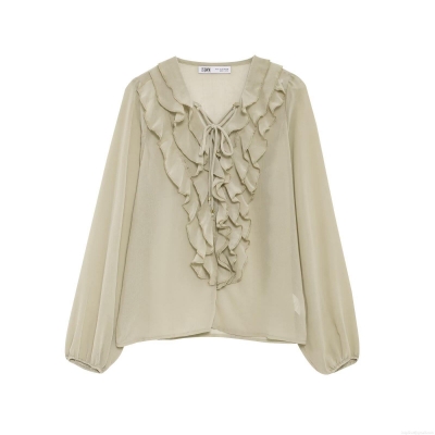 Women's Elegant Ruffle V-Neck Tie-Up Chiffon Blouse Street Style Semi-Sheer Long Sleeve Lantern Sleeve Shirt For Party Daily Wear