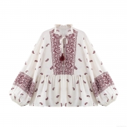 Women's Bohemian Paisley Printed Blouse Ruffle V-Neck Tassel Tie Long Sleeve Lantern Sleeve Shirt Casual Vintage Smocked Hem Pullover Top