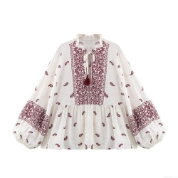 Women's Bohemian Paisley Printed Blouse Ruffle V-Neck Tassel Tie Long Sleeve Lantern Sleeve Shirt Casual Vintage Smocked Hem Pullover Top
