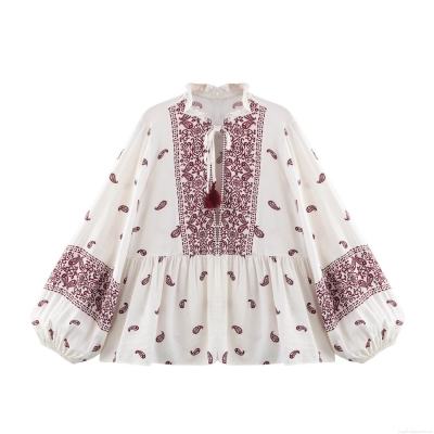 Women's Bohemian Paisley Printed Blouse Ruffle V-Neck Tassel Tie Long Sleeve Lantern Sleeve Shirt Casual Vintage Smocked Hem Pullover Top