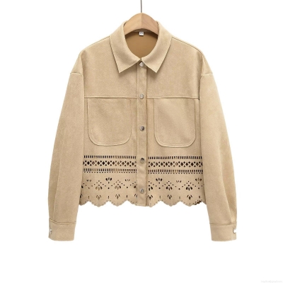Women's Faux Suede Shirt Jacket Laser Cut Hollow Out Floral Hem Long Sleeve Metal Button Elegant Vintage Khaki Top For Casual Office Party