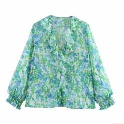 Women's Floral Print Chiffon Blouse Elegant Ruffle Trim Long Sleeve Pullover Top For Casual Daily Wear Sweet Style Lady Shirt