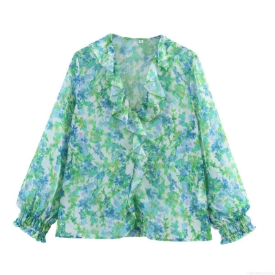 Women's Floral Print Chiffon Blouse Elegant Ruffle Trim Long Sleeve Pullover Top For Casual Daily Wear Sweet Style Lady Shirt