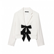 Women's Short Blazer Jacket Textured Woven Fabric Elegant French Style Large Black Bow Decoration Single Breasted Lapel Long Sleeve Coat For Daily Party Lady