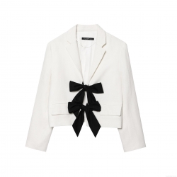 Women's Short Blazer Jacket Textured Woven Fabric Elegant French Style Large Black Bow Decoration Single Breasted Lapel Long Sleeve Coat For Daily Party Lady