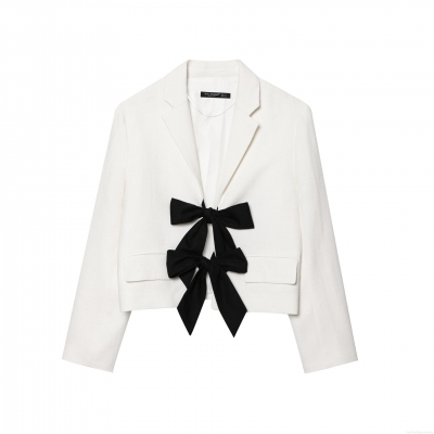 Women's Short Blazer Jacket Textured Woven Fabric Elegant French Style Large Black Bow Decoration Single Breasted Lapel Long Sleeve Coat For Daily Party Lady