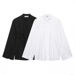 Women's Elegant Stand Collar Long Sleeve Embroidery Blouse Polyester White Black Floral Beadwork Shirt With Slit Cuffs For Daily Office Wear