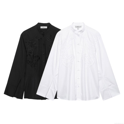 Women's Elegant Stand Collar Long Sleeve Embroidery Blouse Polyester White Black Floral Beadwork Shirt With Slit Cuffs For Daily Office Wear