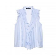 Women's Elegant Light Blue V Neck Sleeveless Ruffle Blouse Top Layered Button Up Polyester Solid Color Summer Slim Fit Shirt For Women Socialite Style