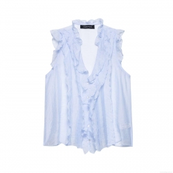 Women's Elegant Light Blue V Neck Sleeveless Ruffle Blouse Top Layered Button Up Polyester Solid Color Summer Slim Fit Shirt For Women Socialite Style