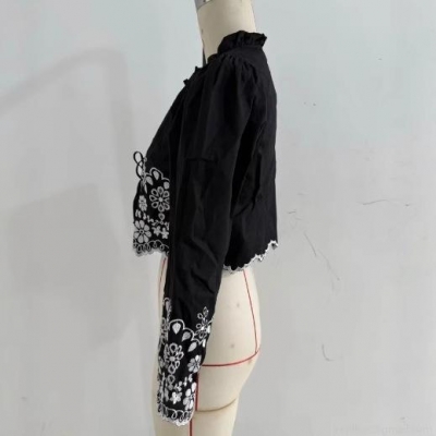 Women Embroidered Tie Front Blouse Polyester Cotton Floral Ruffle Long Sleeve Short Top For Casual Date Retro Sweet Fashion Ladies Shirt