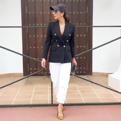 Women's Fashion Double Breasted Blazer Suit Jacket Lion Head Metal Buttons Solid Color Slim Fit Long Sleeve Office Party Professional Outwear