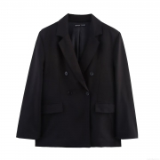 Women's Oversized Double Breasted Blazer Jacket With Shoulder Pads Black Solid Color Formal Office Suit Outwear Casual Long Sleeve Notched Lapel Coat