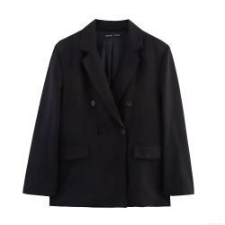 Women's Oversized Double Breasted Blazer Jacket With Shoulder Pads Black Solid Color Formal Office Suit Outwear Casual Long Sleeve Notched Lapel Coat