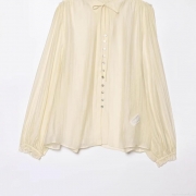 Women Elegant Long Sleeve Blouse Bow Tie Stand Collar Pleated Shirt With Ruffle Cuffs Solid Color Casual Polyester Tops For Ladies