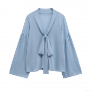Women's V Neck Lantern Sleeve Tie Front Knit Blouse Elegant Solid Color Semi-transparent Shirt Top for Spring Fashion Casual Dating Lady